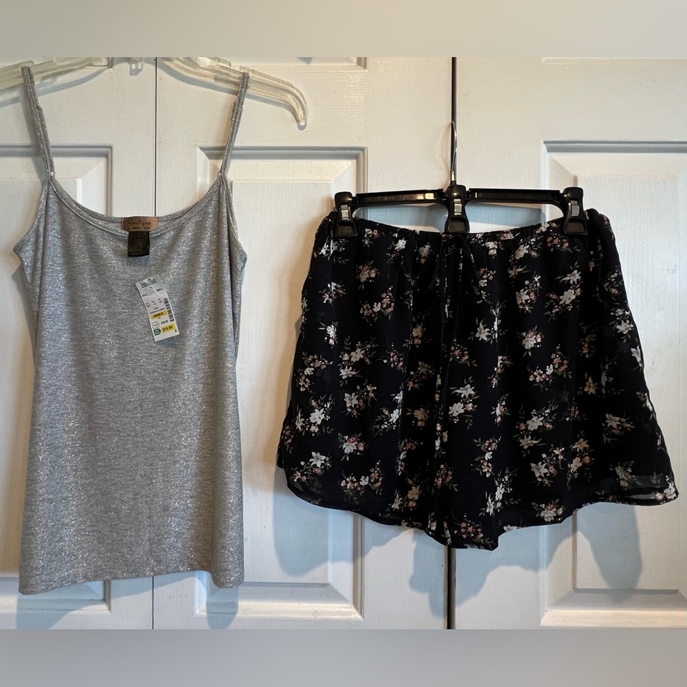 2 Pc PJ Set 🩶🖤NWT Sparkly Metallic Silver Cami & Black Floral Drawstring Shorts